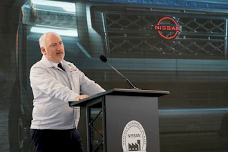 Jeremie Papin, chairperson of Nissan Americas, speaks about the all-new redesign of the company's midsize truck, the Frontier, at a ceremony marking the start of production of the 2022 model at their Canton Vehicle Assembly Plant in Canton, Miss., on July 15, 2021.
