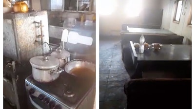 This combination of photos provided by Abdul Nasser Saleh shows the galley and dining area of the cargo ship Al-Maha, abandoned by its owners, at the seaport of Jeddah, Saudi Arabia, in Jan. 2024. Saleh lived and worked on the Al-Maha for nearly a decade without pay.