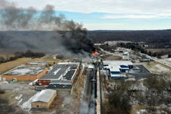 This photo taken with a drone shows portions of a Norfolk Southern freight train that derailed in East Palestine, Ohio, Feb. 4, 2023.