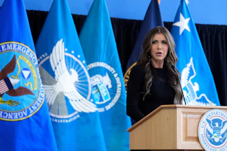 Homeland Security Secretary Kristi Noem speaks to employees at the Department of Homeland Security, Tuesday, Jan. 28, 2025, in Washington.