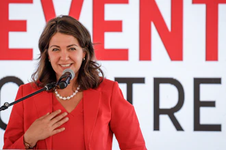 Alberta Premier Danielle Smith announces the start of construction on a new Calgary Flames NHL hockey arena in Calgary, Alberta, July 22, 2024.