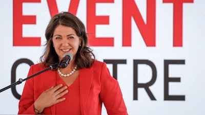 Alberta Premier Danielle Smith announces the start of construction on a new Calgary Flames NHL hockey arena in Calgary, Alberta, July 22, 2024.