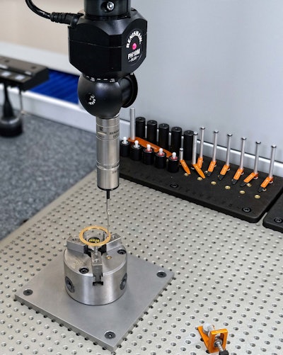 Bowman has configured a lathe chuck as a workholding device that can be fixtured onto the CMM's base plate for securely retaining washers and other awkwardly shaped components for inspection.