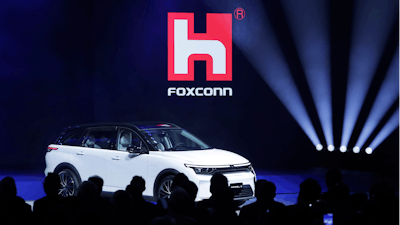 Foxconn's Foxtron Model C electric car is displayed during the Hon Hai Tech Day (HHTD 24) at the Nangang Exhibition Center in Taipei, Taiwan, Oct. 8, 2024.