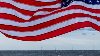 The five turbines of Block Island Wind Farm operate, Dec. 7, 2023, off the coast of Block Island, R.I., during a tour organized by Orsted.