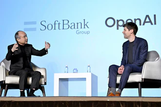 SoftBank Chief Masayoshi Son, left, and OpenAI Chief Sam Altman hold a talk during an event for enterprises in Tokyo, in Tokyo, Monday, Feb. 3, 2025.