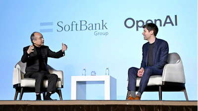 SoftBank Chief Masayoshi Son, left, and OpenAI Chief Sam Altman hold a talk during an event for enterprises in Tokyo, in Tokyo, Monday, Feb. 3, 2025.