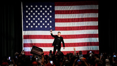 Elon Musk speaks as part of a campaign town hall in support of Republican presidential nominee former President Donald Trump in Folsom, Pa., Thursday, Oct. 17, 2024.