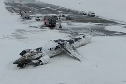 This image taken from video released by the Transportation Safety Board of Canada on Wednesday, Feb. 19, 2025, shows the crashed plane of Delta flight 4819 at Toronto Pearson International Airport, in Mississauga, Ontario, on Tuesday, Feb. 18.