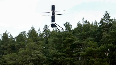 A prototype AI-based drone system with an autonomous Al-based system for early detection of forest fires by Dryad Networks, takes off during the presentation of Silvaguard, in Eberswalde, eastern Germany, Thursday, March 27, 2025.