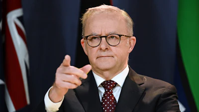 Australian Prime Minister Anthony Albanese gestures during a press conference in Sydney, Wednesday, March 12, 2025.