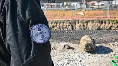 This photo provided by the Paris Police Prefecture shows a huge unexploded World War II-era bomb that caused transportation chaos in Paris, that included the suspension of high-speed rail links with London and Brussels and the closure of a vital road artery in the French capital Friday, March 7, 2025 in Saint-Denis, outside Paris.