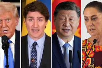 This combination of file photos shows, from left, U.S. President Donald Trump in Palm Beach, Fla., Feb. 7, 2025, Canadian Prime Minister Justin Trudeau in Kyiv, Ukraine, June 10, 2023, China's President Xi Jinping in Brasilia, Brazil, Nov. 20, 2024 and Mexico's President in Mexico City, June 27, 2024, Claudia Sheinbaum.