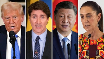 This combination of file photos shows, from left, U.S. President Donald Trump in Palm Beach, Fla., Feb. 7, 2025, Canadian Prime Minister Justin Trudeau in Kyiv, Ukraine, June 10, 2023, China's President Xi Jinping in Brasilia, Brazil, Nov. 20, 2024 and Mexico's President in Mexico City, June 27, 2024, Claudia Sheinbaum.
