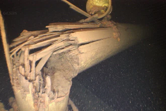 This image provided by Great Lakes Shipwreck Historical Society shows the broken mast from the Western Reserve, a merchant ship that sank in Lake Superior in 1892 off Michigan’s Upper Peninsula.