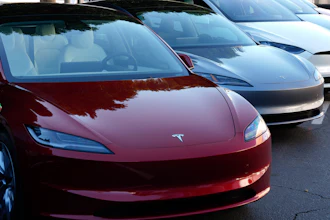 Tesla vehicles are displayed at the AutoMobility LA Auto Show, Thursday, Nov. 21, 2024, in Los Angeles.