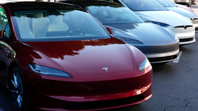 Tesla vehicles are displayed at the AutoMobility LA Auto Show, Thursday, Nov. 21, 2024, in Los Angeles.