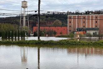 The Buffalo Trace Distillery in Frankfort, Ky., is seen amid floodwaters on Monday, April 7, 2025.