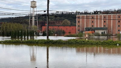 The Buffalo Trace Distillery in Frankfort, Ky., is seen amid floodwaters on Monday, April 7, 2025.