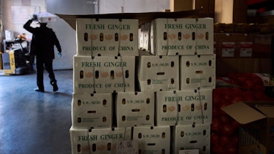 Boxes of ginger from China are stacked at a grocery market in the Chinatown neighborhood of Los Angeles, April 11, 2025.