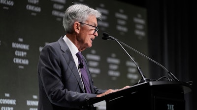 Chair of the Board of Governors of the Federal Reserve System Jerome Powell speaks during an event hosted by the Economic Club of Chicago, April 16, 2025.
