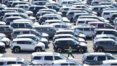 Vehicles for export are parked at a port in Pyeongtaek, South Korea, Tuesday, April 15, 2025.