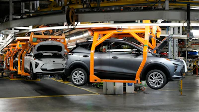 Vehicles move along the 2023 Chevrolet Bolt EV and EUV assembly line at the General Motors Orion Assembly on June 15, 2023, in Lake Orion, Mich.