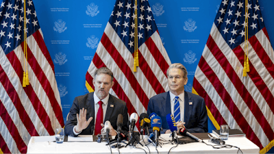 U.S. Trade Representative Jamieson Greer, left, and U.S. Treasury Secretary Scott Bessent at a press conference in Geneva, Switzerland, May 12, 2025.