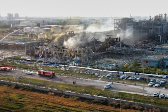 In this photo released by Xinhua News Agency, Firefighters extinguish fires at the explosion site of a chemical plant in Gaomi, in east China's Shandong Province, Tuesday, May 27, 2025.