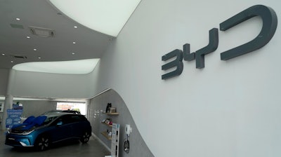 BYD vehicles are for sale in a dealership in Camacari, Bahia state, Brazil, Friday, March 7, 2025.