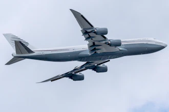 A 13-year-old private Boeing aircraft that President Donald Trump toured on Saturday to check out new hardware and technology features, and highlight the aircraft maker's delay in delivering updated versions of the Air Force One presidential aircraft, takes off from Palm Beach International Airport, Feb. 16, 2025, in West Palm Beach, Fla.