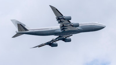 A 13-year-old private Boeing aircraft that President Donald Trump toured on Saturday to check out new hardware and technology features, and highlight the aircraft maker's delay in delivering updated versions of the Air Force One presidential aircraft, takes off from Palm Beach International Airport, Feb. 16, 2025, in West Palm Beach, Fla.