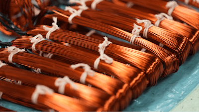 Bundles of copper cables sit at a plant that produces parts for large electric vehicles in Mexico City, on April 2, 2025.