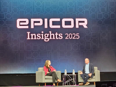 Gene Marks (right) speaks at Epicor Insights 2025 in Las Vegas.