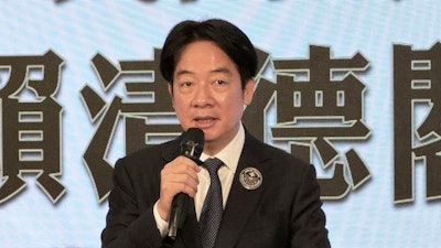 Taiwan's President Lai Ching-te delivers a speech at the 80th Anniversary Commemoration Ceremony of Victory in Europe at Taipei Guest House, in Taipei, Thursday, May 8, 2025.