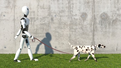 A humanoid robot walks a dog on a leash.
