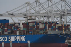 The 'Cosco Shipping France' container ship is moored at the Long Beach Container Terminal, LBCT, at Middle Harbor in the Port of Long Beach, Calif., , April 15, 2025.