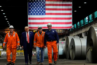 President Donald Trump walks with workers as he tours U.S. Steel Corporation's Mon Valley Works-Irvin plant, Friday, May 30, 2025, in West Mifflin, Pa.
