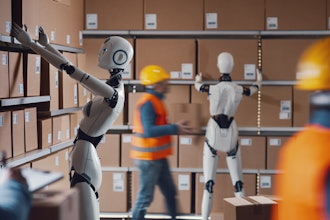 People and AI robots working together in a distribution warehouse.