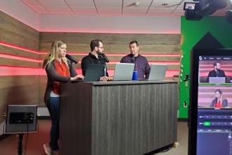 The set of the Today in Manufacturing podcast during a live broadcast.