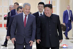 In this photo provided by the North Korean government, North Korean leader Kim Jong Un, front right, meets with Russian Security Council Secretary Sergei Shoigu, left, at the headquarters of the ruling Workers' Party in Pyongyang, North Korea, Tuesday, June 17, 2025. Independent journalists were not given access to cover the event depicted in this image distributed by the North Korean government. The content of this image is as provided and cannot be independently verified. Korean language watermark on image as provided by source reads: 'KCNA' which is the abbreviation for Korean Central News Agency.