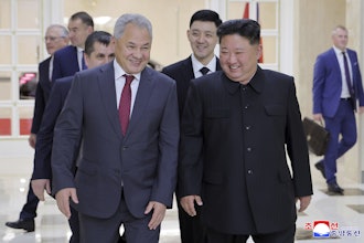 In this photo provided by the North Korean government, North Korean leader Kim Jong Un, front right, meets with Russian Security Council Secretary Sergei Shoigu, left, at the headquarters of the ruling Workers' Party in Pyongyang, North Korea, Tuesday, June 17, 2025. Independent journalists were not given access to cover the event depicted in this image distributed by the North Korean government. The content of this image is as provided and cannot be independently verified. Korean language watermark on image as provided by source reads: 'KCNA' which is the abbreviation for Korean Central News Agency.