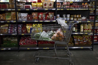 A shopping cart filled with groceries at a store in Rowland Heights, Calif., April 3, 2025.