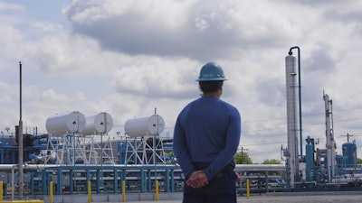 BKV Carbon Ventures health and safety advisor Adam Pope looks on at a compression station that is part of a carbon capture and sequestration process in Bridgeport, Texas, Thursday, May 29, 2025.