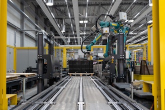 Clarios battery palletization robot in a packaging facility.