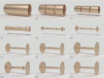 A computer simulation of the evolution from a roller to a wheel-and-axle structure. Each image represents a design evaluated by the algorithm. The search ultimately converges upon the familiar wheel-and-axle design.