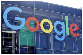 A sign is displayed on a Google building at their campus in Mountain View, Calif., Sept. 24, 2019.