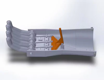 This view of the computer-aided design file of a strengthened version of the model, which includes ribs and fillets to reinforce the plastic material, highlights the main release lever in orange.
