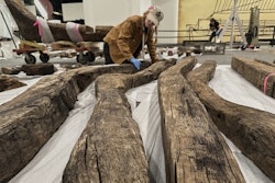 Research assistant Alyssa Carpenter inspects timbers from of a wooden Revolutionary War-era gunboat to prepare for the craft's partial reconstruction at the New York State Museum, Friday, May 30, 2025, in Albany, New York.