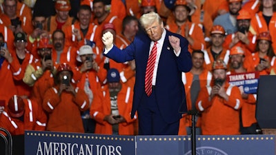 President Donald Trump dances after speaking at the U.S. Steel Mon Valley Works-Irvin plant, Friday, May 30, 2025, in West Mifflin, Pa.